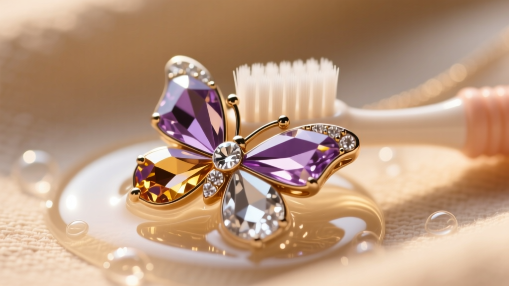 Close-up of a soft baby toothbrush gently cleaning crystal pavé on a butterfly wing pendant using mild soap solution under warm lighting