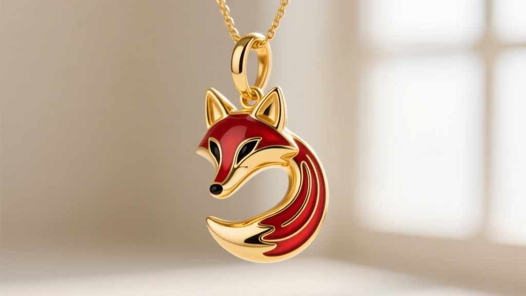 Macro shot of a gold vermeil Foxy hook pendant with red enamel accents, highlighting crisp edges and a polished finish