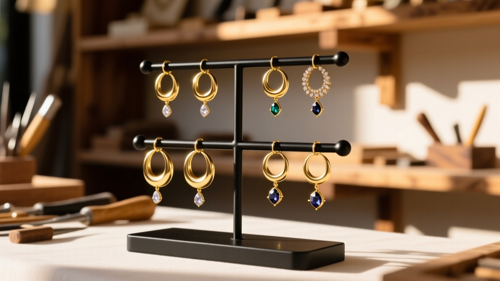 Artisan stall featuring a matte black metal earring stand display showcasing gold hoops and gemstone drops in warm light.