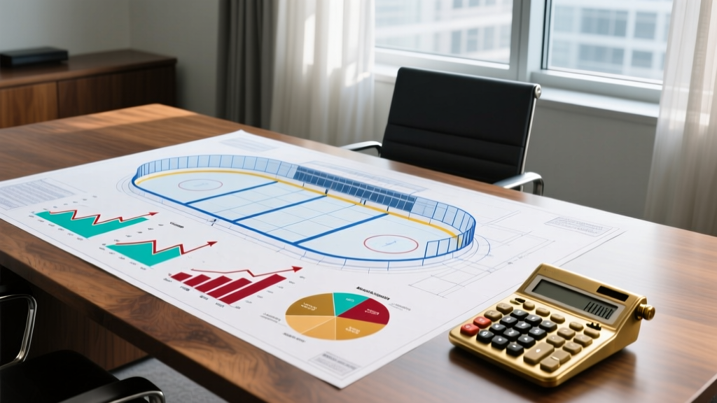 Architectural blueprint of a commercial indoor ice skating rink overlaid with financial charts and a calculator on a wooden desk