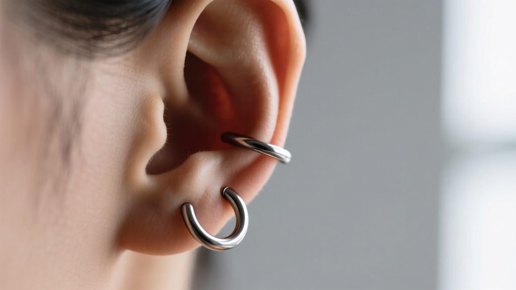 Side profile of a 14mm hinged hoop in a helix piercing showing the exact clearance between ear cartilage and the polished metal.