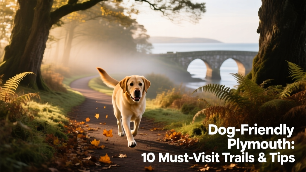 A scenic walking path winding through woodland near Plymouth, with a dog trotting ahead on the trail