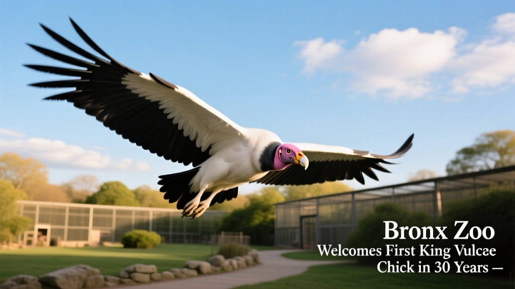 Adult king vulture in flight at the Bronx Zoo, wings fully extended against a clear blue sky, showcasing its impressive 6-foot wingspan