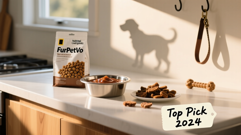 Side-by-side comparison of FurPetVo kibble, wet food, and freeze-dried toppers on a clean kitchen counter