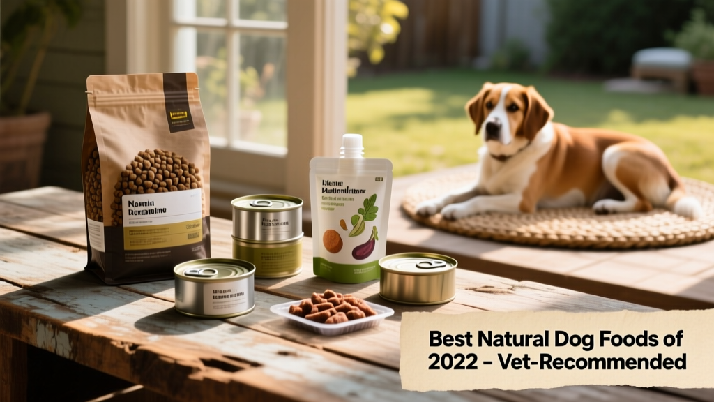 A variety of natural dog food packaging arranged on a clean wooden surface, including dry kibble bags, wet food cans, and freeze-dried toppers