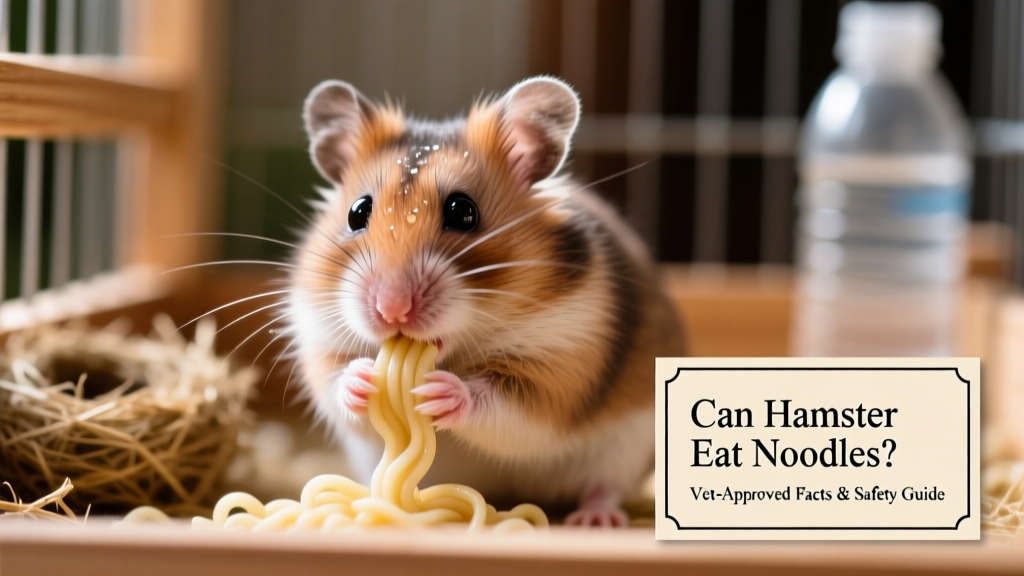 Close-up of a Syrian hamster nibbling a small piece of plain, cooked noodle