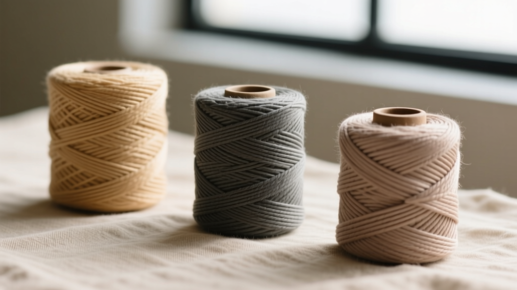 Macro shot comparing three spools of macrame cord including 0.8mm waxed cotton, 1mm nylon, and 0.5mm micro-cord in earthy tones
