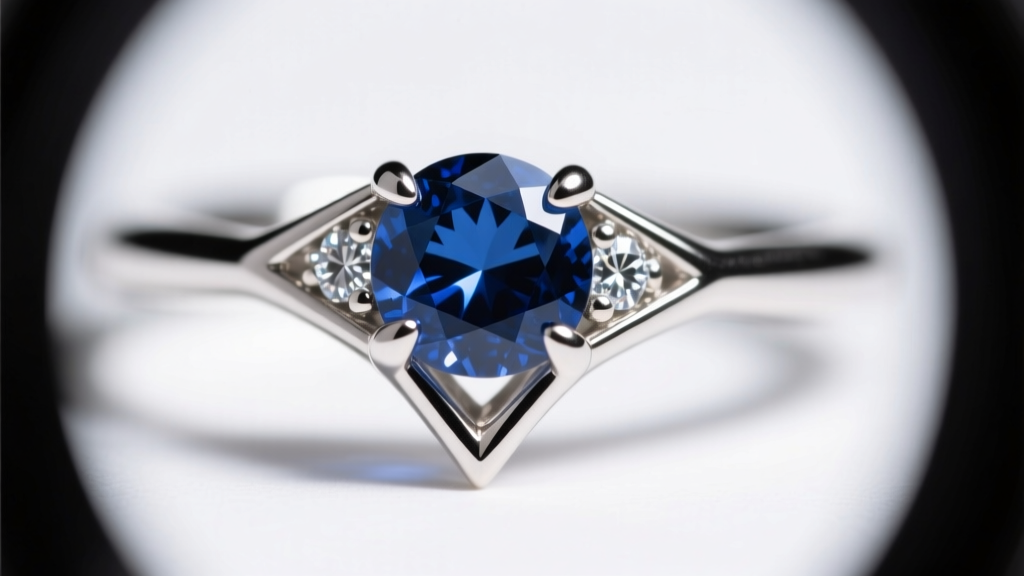 Loupe view showing 1.2mm platinum V-prongs securing a blue sapphire and diamond pendant, highlighting the high-polish metal finish