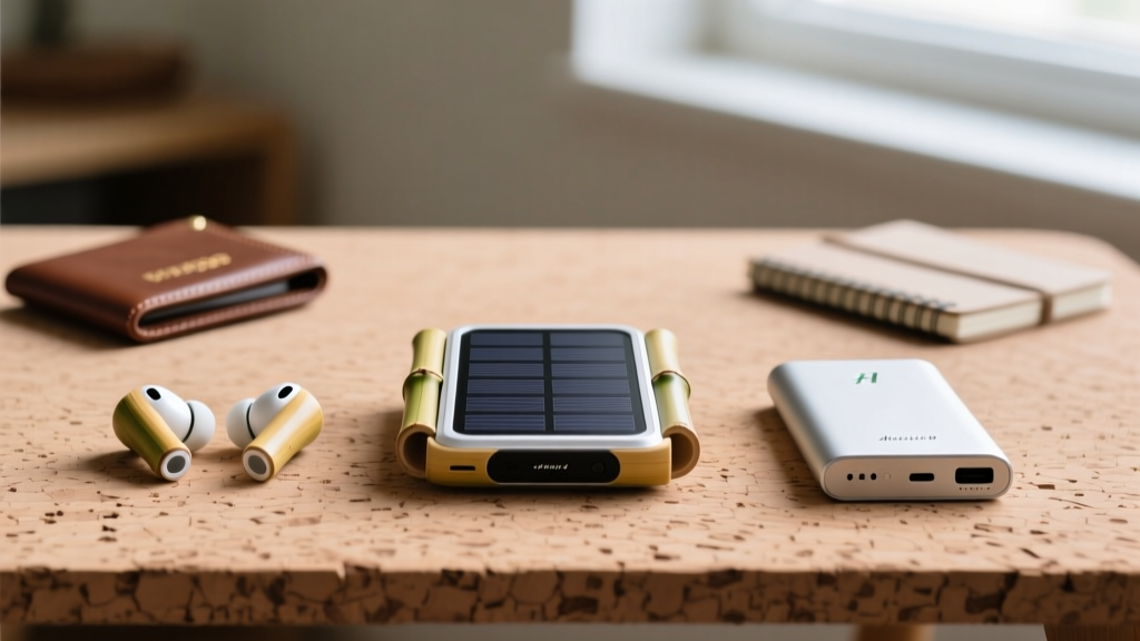 Foldable solar charger, bamboo wireless earbuds, and a recycled aluminum power bank arranged neatly on a natural cork desk for travel
