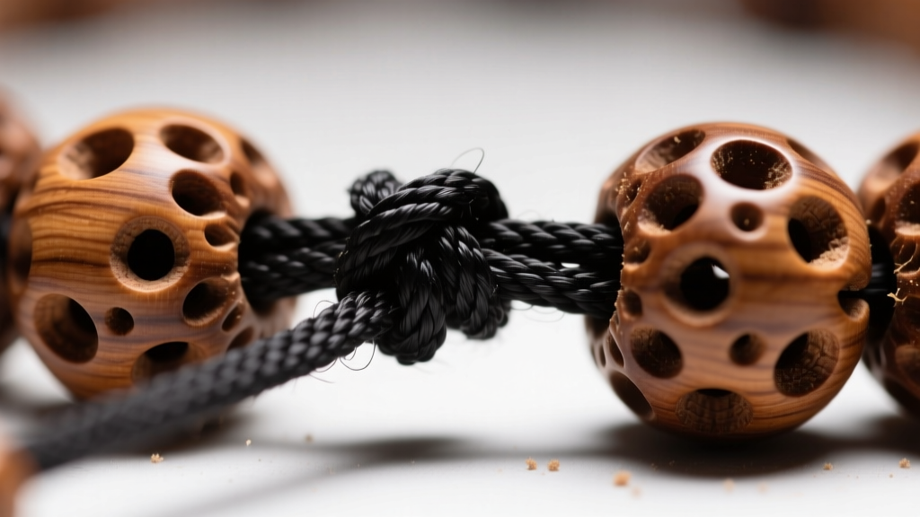 Macro photography of a knotted black nylon cord threading through porous brown sandalwood beads, highlighting tensile tension.