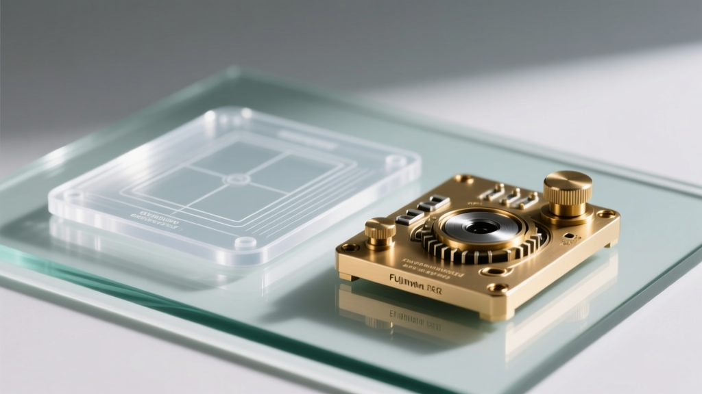 A plastic commercial macro pad sitting next to a brass-weighted, open-source custom investigative input deck on a glass mat.