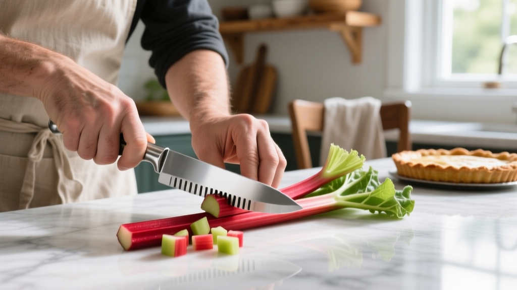 Close-up of a home baker using a stainless steel precision fruit vegetable kitchen gadget to dice rhubarb for a rustic spring tart on marble