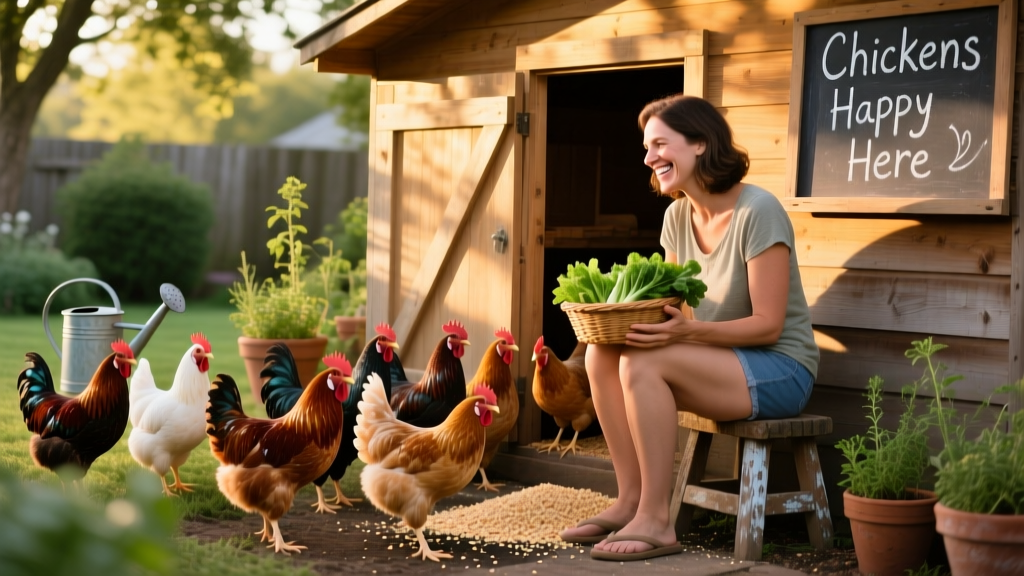 A happy backyard flock gathered near a sunlit coop, with a sitter smiling nearby.