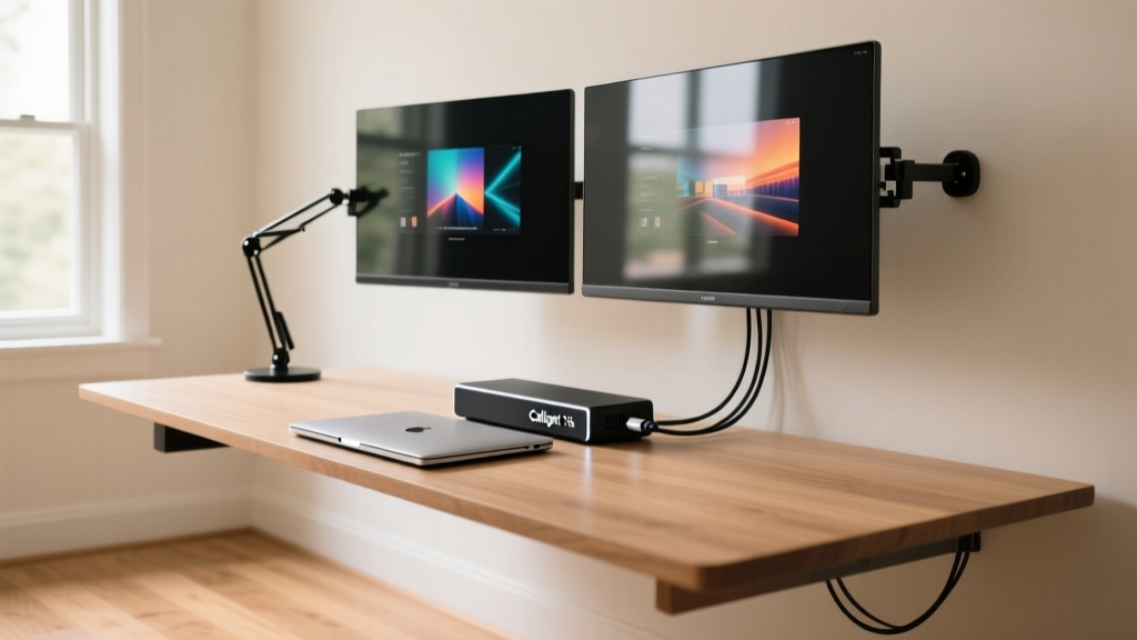 Clean desk setup featuring a glowing CalDigit TS4 dock connected to a MacBook Pro and dual 4K monitors in a modern home office.