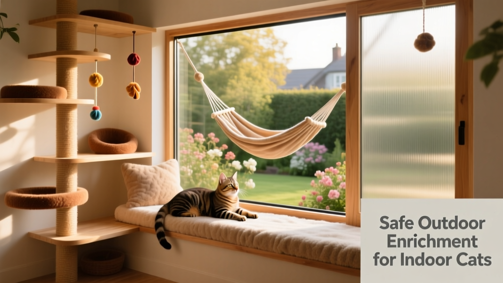 A cozy, fully enclosed catio with climbing shelves, hanging toys, and a window seat overlooking a garden—showcasing safe outdoor enrichment for cats