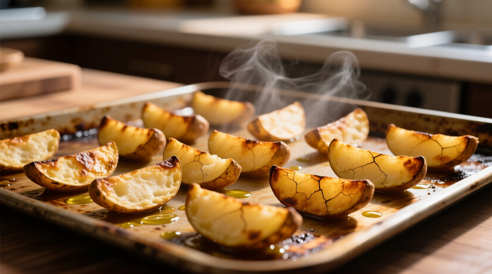 Golden brown potato wedges on baking sheet