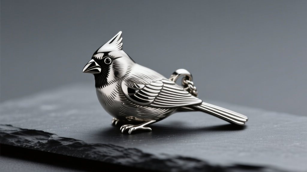 Detailed sterling silver cardinal bird pendant on dark slate, illuminated by soft directional studio lighting to show metal texture