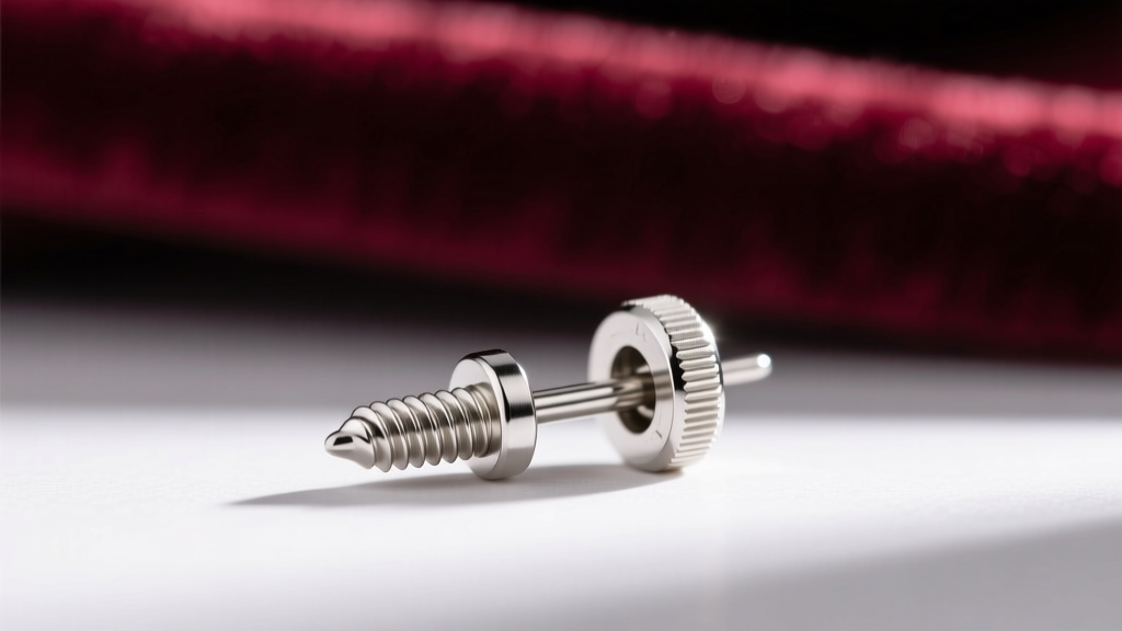 Macro shot of an 18-gauge sterling silver earring post with a secure screw-back mechanism against a blurred velvet background