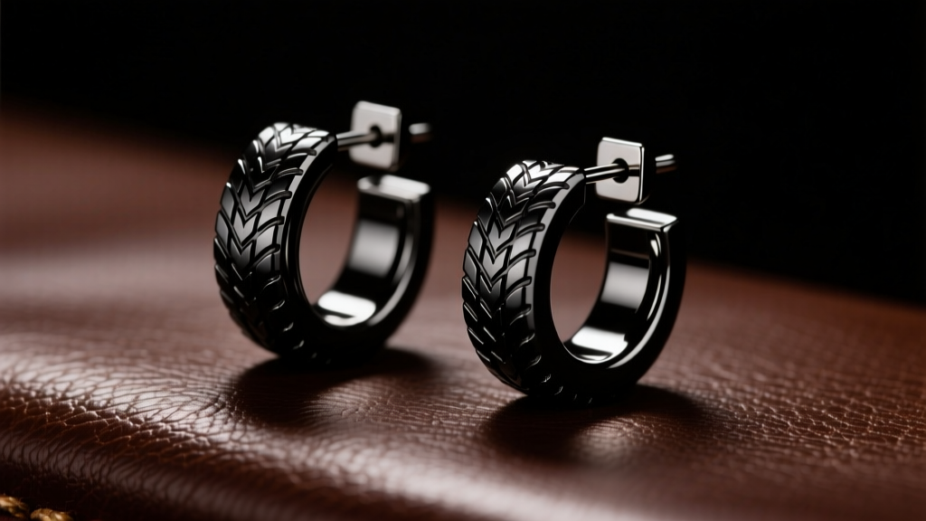 Black PVD titanium huggie earrings with detailed tire tread texture, resting on dark leather with moody, dramatic studio lighting.