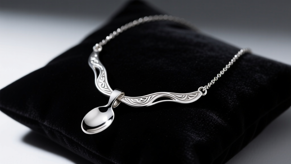 Close-up of a polished .925 sterling silver hidden coke spoon necklace resting on black velvet, moody studio lighting, sharp focus.