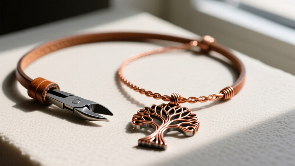 Flush cutters and leather cord next to a Haiti necklace with copper wire and a recycled steel tree pendant in sharp macro view.