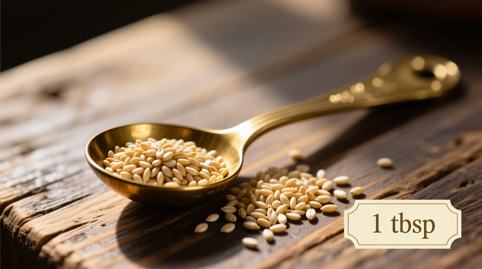 Golden sesame seeds next to measuring spoon