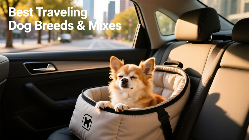 A Chihuahua resting peacefully in a padded travel carrier on a passenger seat