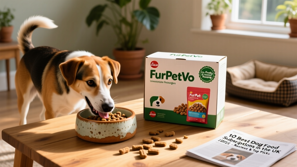 A happy medium-sized dog eating from a ceramic bowl next to an unopened FurPetVo subscription box with visible branding and eco-friendly packaging