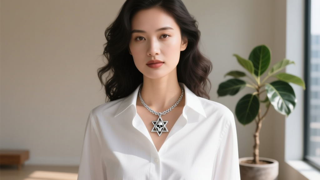 A stylish woman wearing a 925 sterling silver Harry Potter Deathly Hallows necklace layered over a crisp white button-down shirt