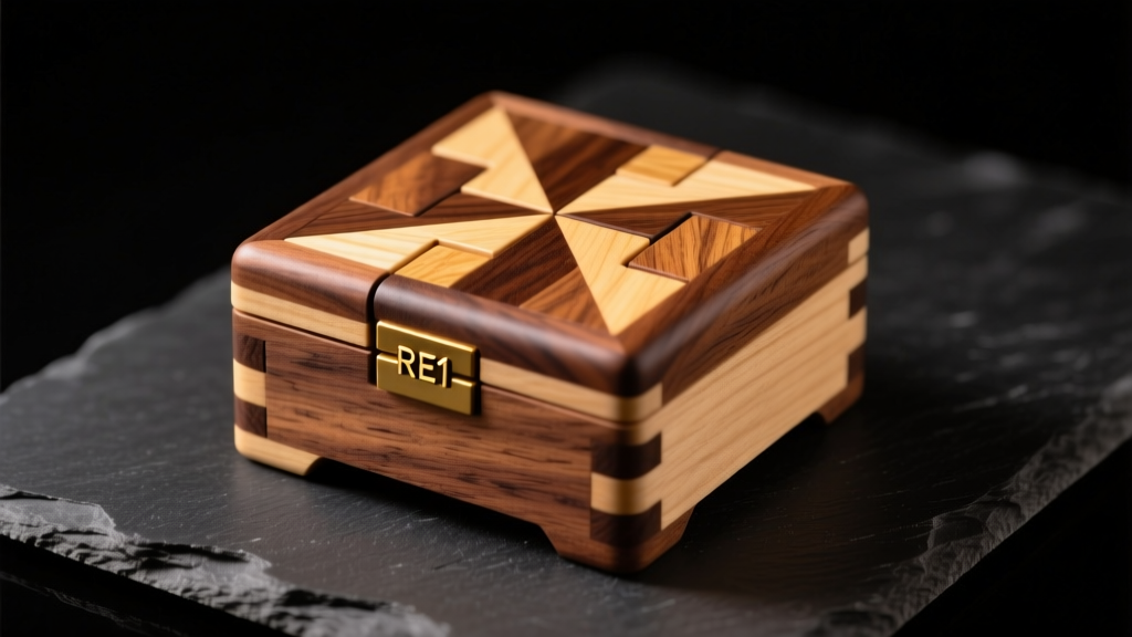 Wooden RE1 jewelry box puzzle with geometric marquetry in walnut and maple, resting on dark slate under soft, warm studio lighting.