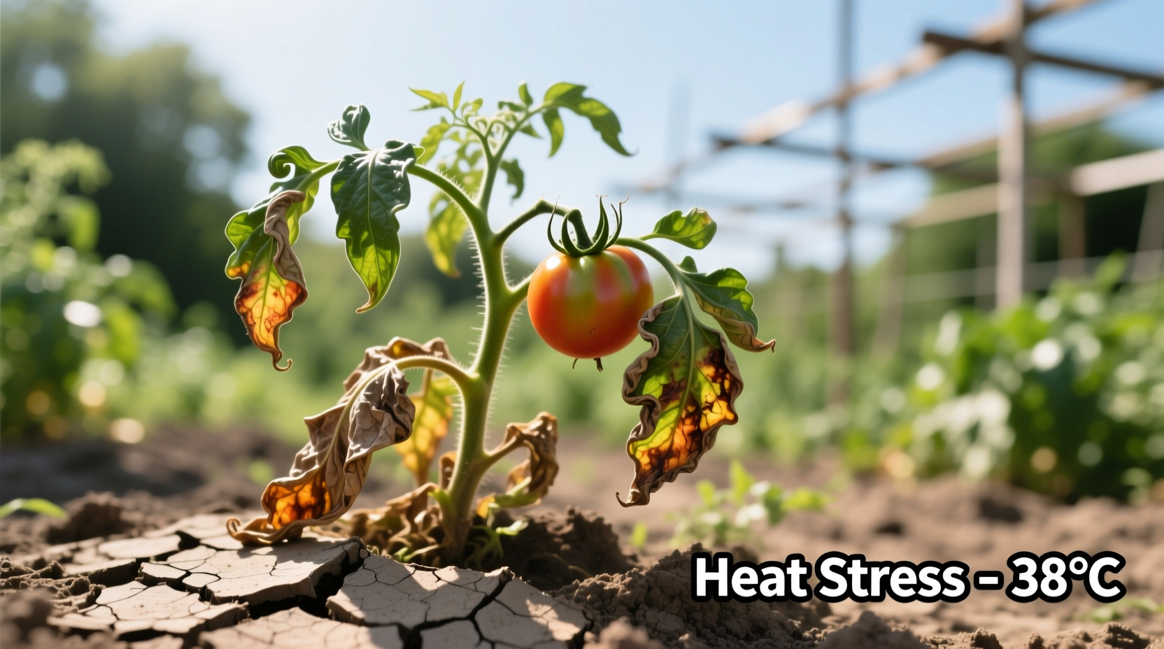 Tomato plant showing drooping leaves from heat stress