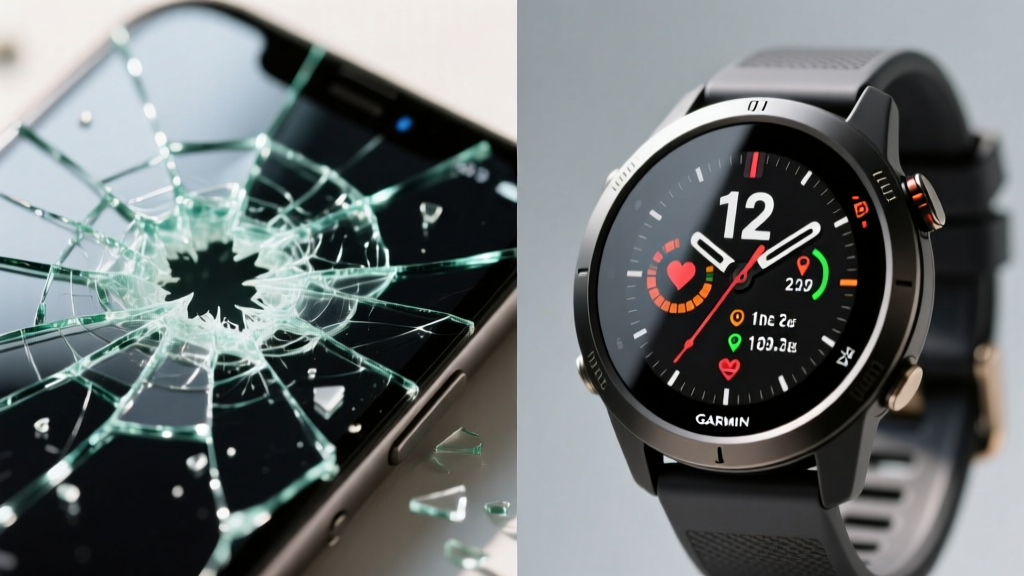 Side-by-side macro comparison of shattered standard glass smartphone screen next to pristine matte display of Garmin Instinct 2X watch