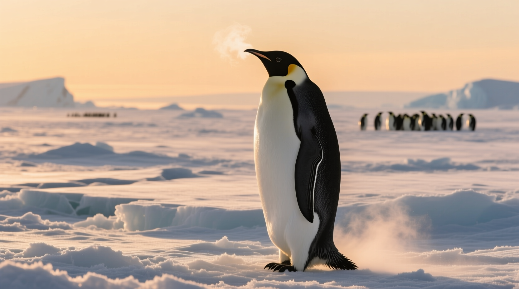 Emperor penguin standing on Antarctic ice field