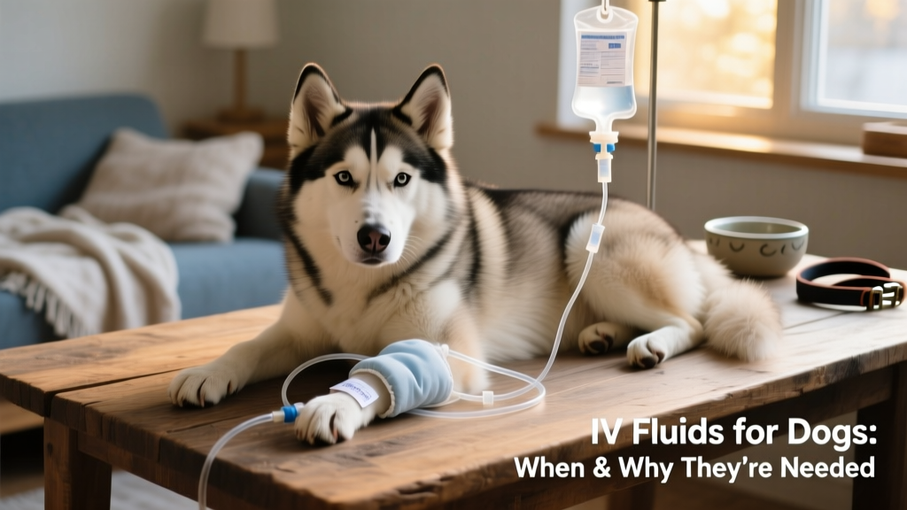 siberian husky dog lying on the table with an intravenous infusion drip in his paw