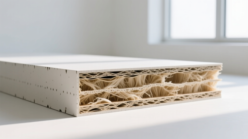 Cross-section of a 5/8-inch Type X fire-rated gypsum board panel revealing the dense fiberglass-reinforced core and recycled paper facing