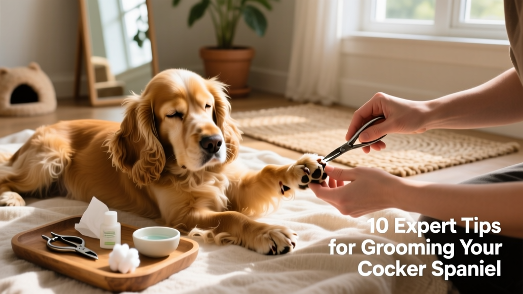 Cocker Spaniel resting comfortably while a person gently trims its front paw nails, with grooming supplies nearby
