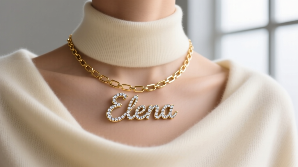 Layered styling of a delicate name in diamonds necklace over cream cashmere, paired with a minimal 14k gold paperclip chain.