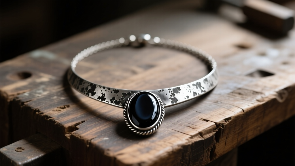 Oxidized sterling silver grunge necklace with a dark onyx pendant resting on a weathered wooden workbench in moody, dim lighting