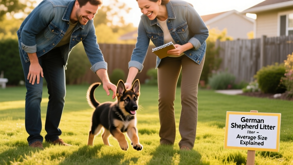A joyful family meeting their new German Shepherd puppy for the first time, with the breeder nearby offering guidance