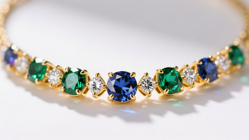 Macro view of a multi gemstone necklace with sapphires and emeralds in 18k gold, focusing on prong settings and brilliant facets.