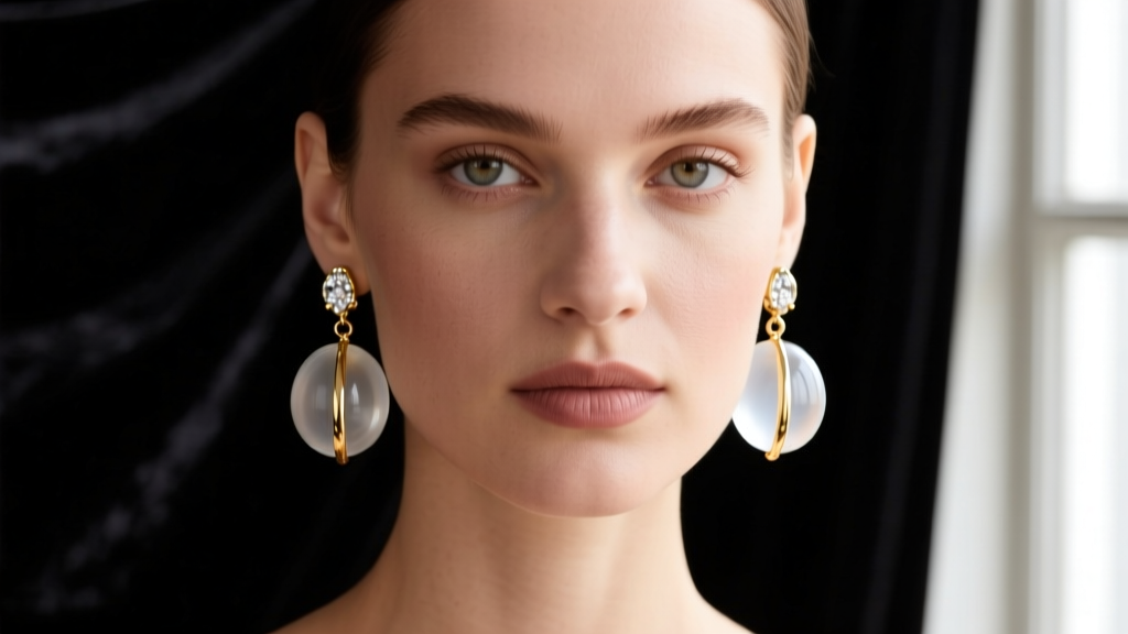 Close-up of a model wearing BaubleBar Ghost earrings with translucent resin and gold-plated brass against a dark velvet backdrop