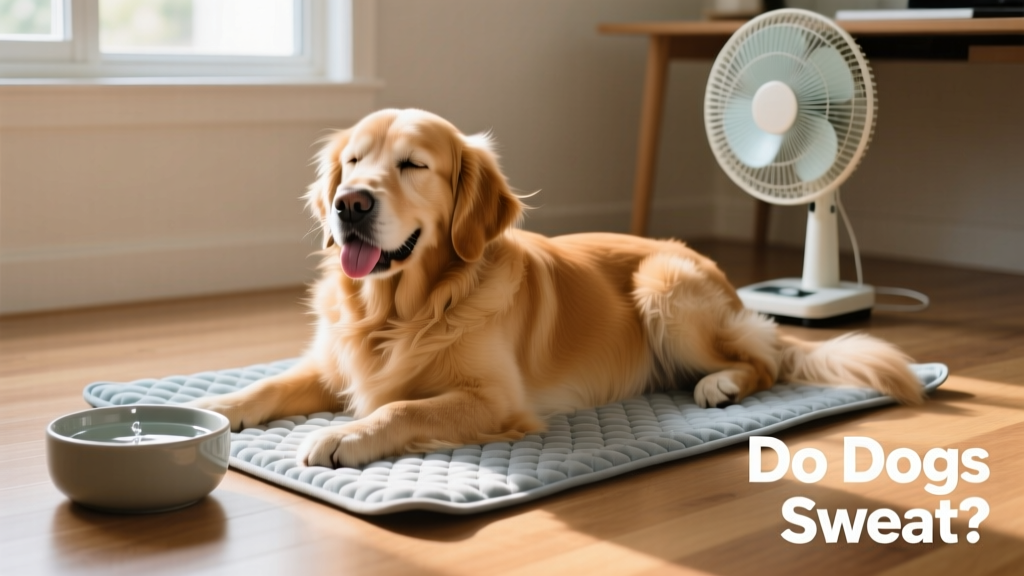 Dog resting comfortably on a cooling mat indoors near a fan and water bowl