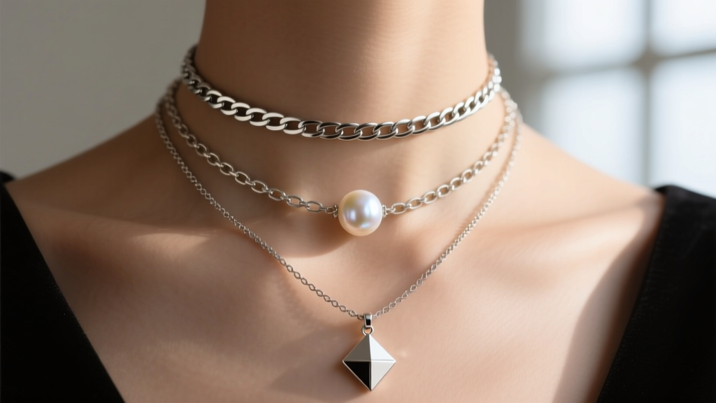 Close-up of a layered necklace stack featuring a 16 inch choker, an 18 inch chain with a pearl, and a 20 inch pendant chain