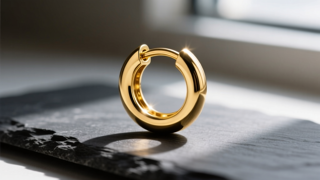 Macro shot of a 16-gauge 18k yellow gold clicker hoop earring with a seamless hinge mechanism, resting on a dark slate surface