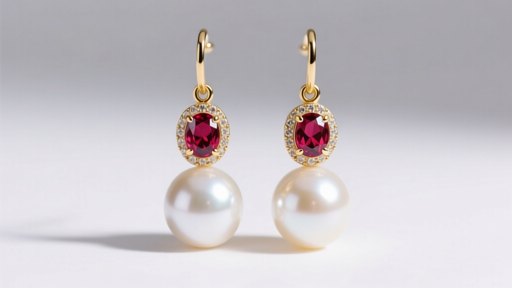 Close-up of 18k gold drop earrings with a bezel-set oval ruby suspended above a lustrous white Akoya pearl in studio light.