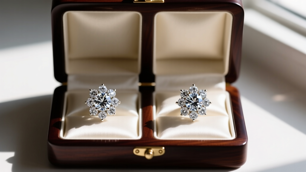 A pair of heavy diamond cluster earrings stored individually in separate silk-lined compartments of a dark mahogany jewelry box
