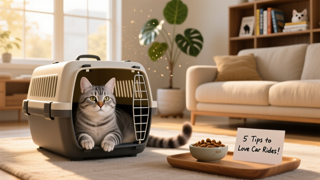 A relaxed cat sitting inside an open carrier in a sunlit living room, with treats nearby