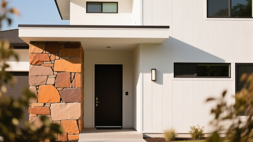 Modern home exterior featuring warm-toned manufactured ledgestone veneer around the entryway contrasting with white fiber cement siding