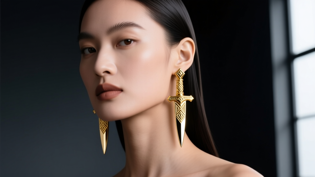 Model wearing 14k solid gold dagger earrings in lower lobes, showing intricate hilt details against a dark moody studio backdrop