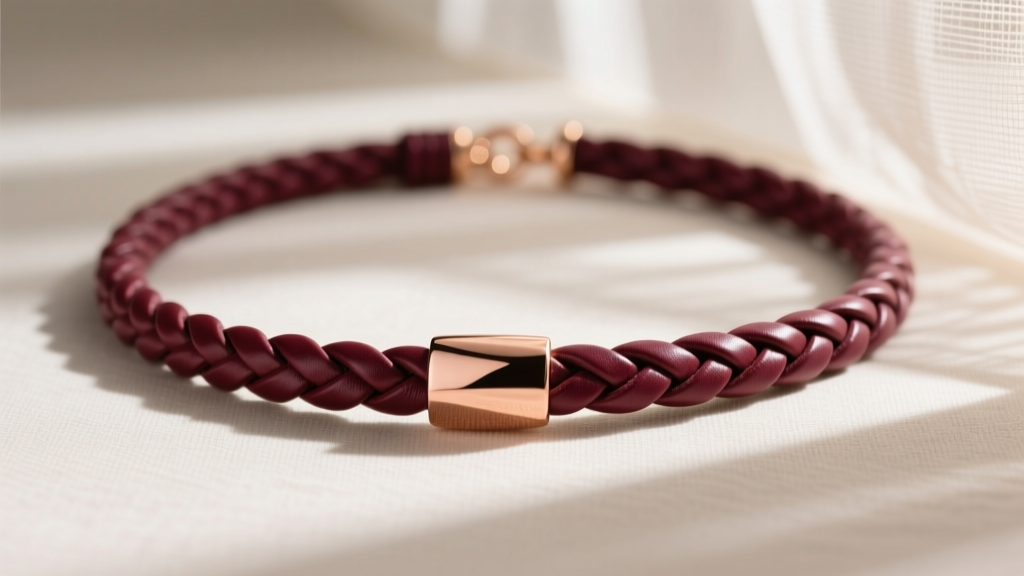 Deep maroon braided leather cord necklace with a brushed rose gold clasp, displayed against a neutral linen background in soft light